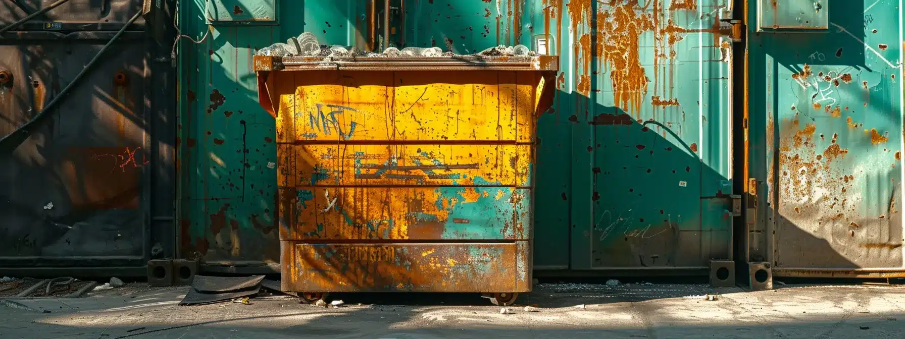 a towering, colorful dumpster overflowing with construction debris dominates an urban landscape under bright sunlight, embodying the complexities of rental rates and disposal logistics in bustling city life.