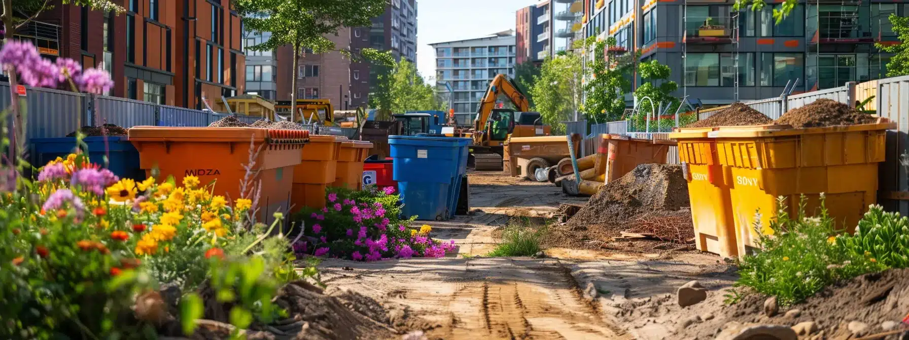 a vibrant spring landscape features a bustling construction site, highlighting a variety of dumpsters in bright colors surrounded by blooming flowers, symbolizing the seasonal demand fluctuations in dumpster rental pricing.