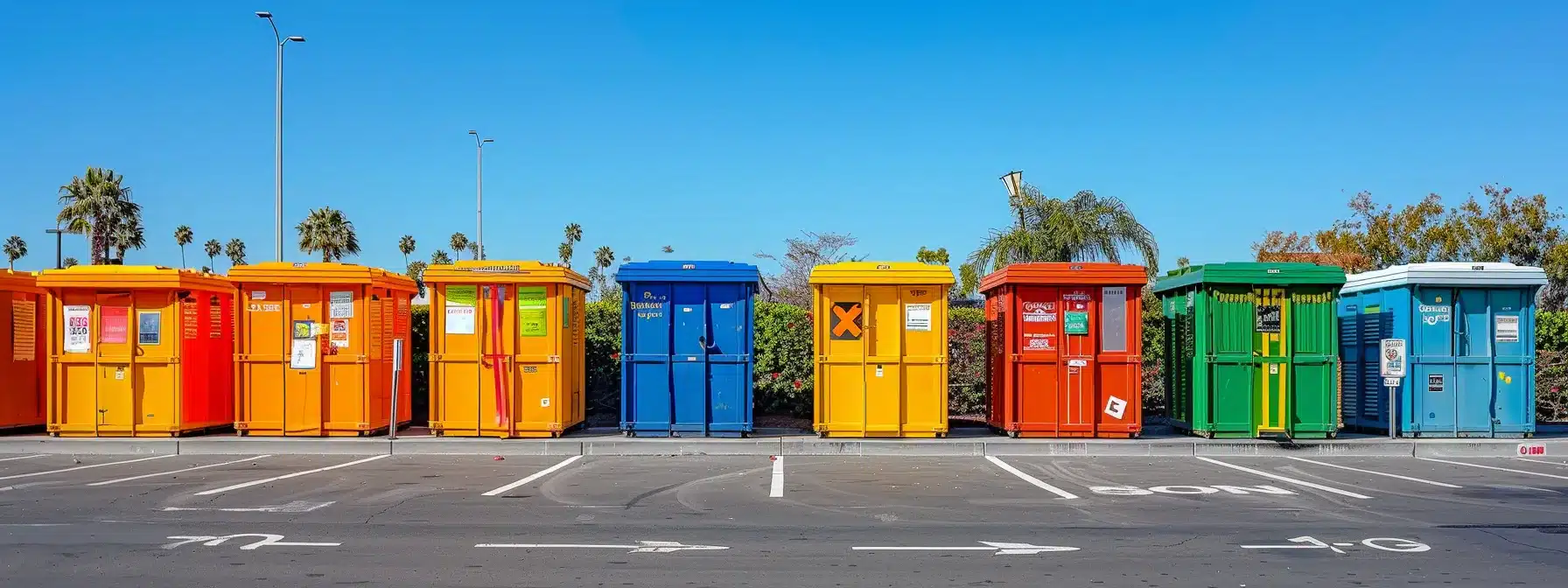 a vibrant, well-organized tableau of various dumpster rental options displayed in an inviting outdoor setting, illustrating contrasting sizes and colors against a clear blue sky, highlighting the comparative nature of waste management services through distinct pricing tags and visible promotional banners.