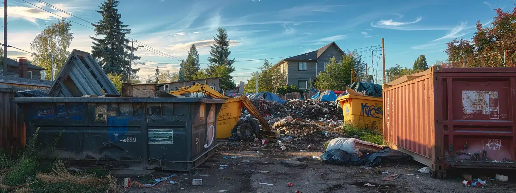 a visually striking dumpster rental scene showcases various container sizes placed in a well-lit outdoor setting, each filled with vibrant yard debris and junk, under a clear blue sky that emphasizes the theme of budget-conscious waste management.