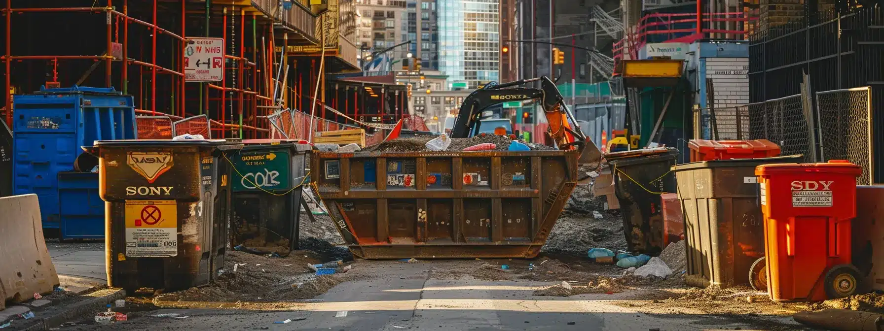 a visually striking image capturing a cluttered dumpster against a backdrop of a construction site, with vivid signs indicating hidden fees and costs illustrated in bold, contrasting colors to emphasize the complexity of dumpster rental expenses under bright, natural lighting.