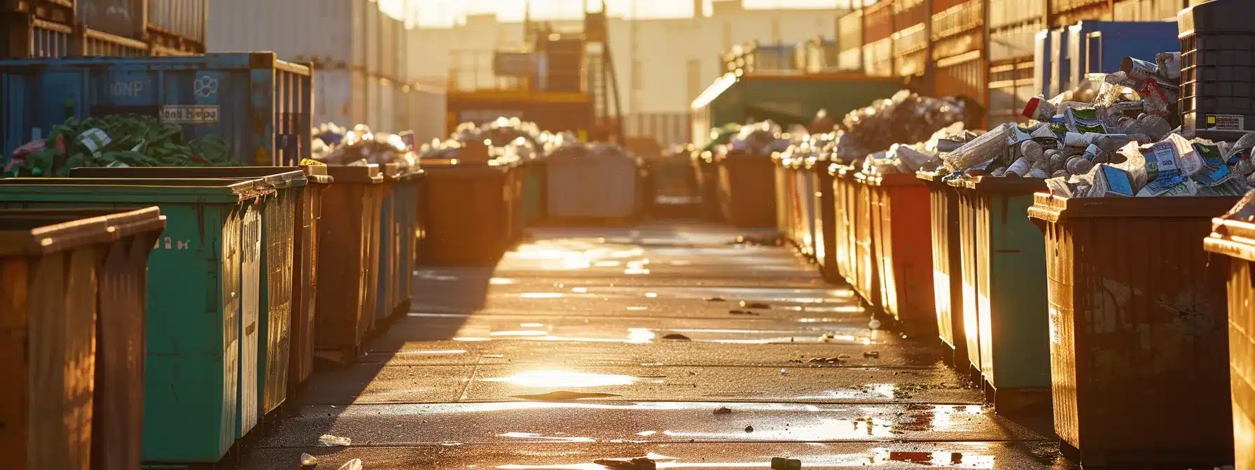 a visually striking scene of a well-organized waste management yard, with bright, clearly labeled dumpsters sorting different types of waste, under warm afternoon light that highlights efficient recycling practices and planning for sustainable waste reduction.