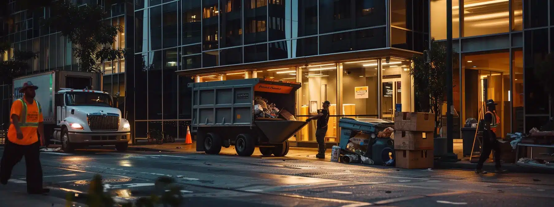 a bustling urban junk removal service in action, showcasing a sleek dumpster parked outside a tidy office building, surrounded by workers efficiently sorting and loading various items for disposal under bright, artificial lighting.