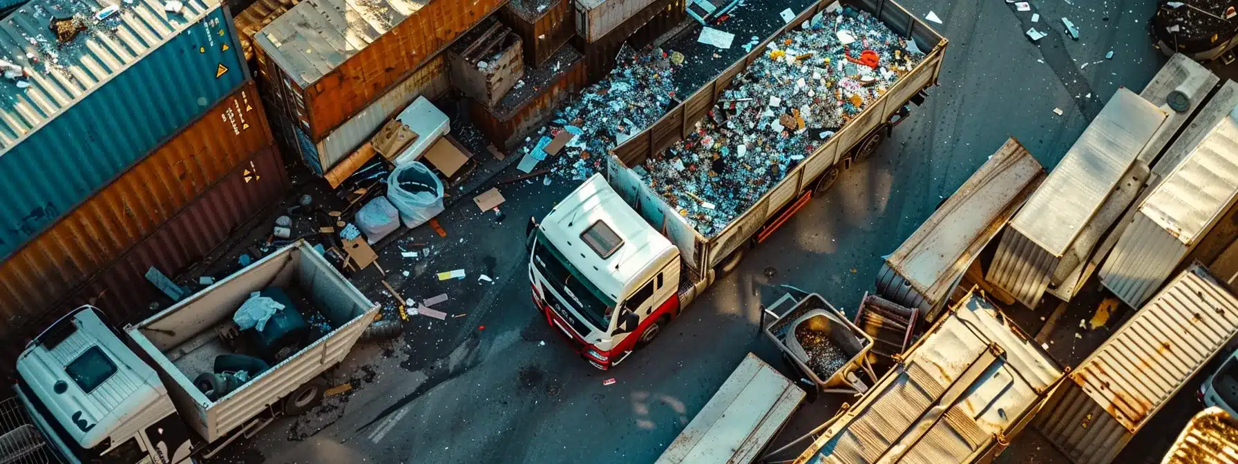 a bustling urban junk removal service in action, featuring a clean, organized truck surrounded by neatly stacked waste materials, showcasing efficient waste handling and eco-friendly disposal practices.