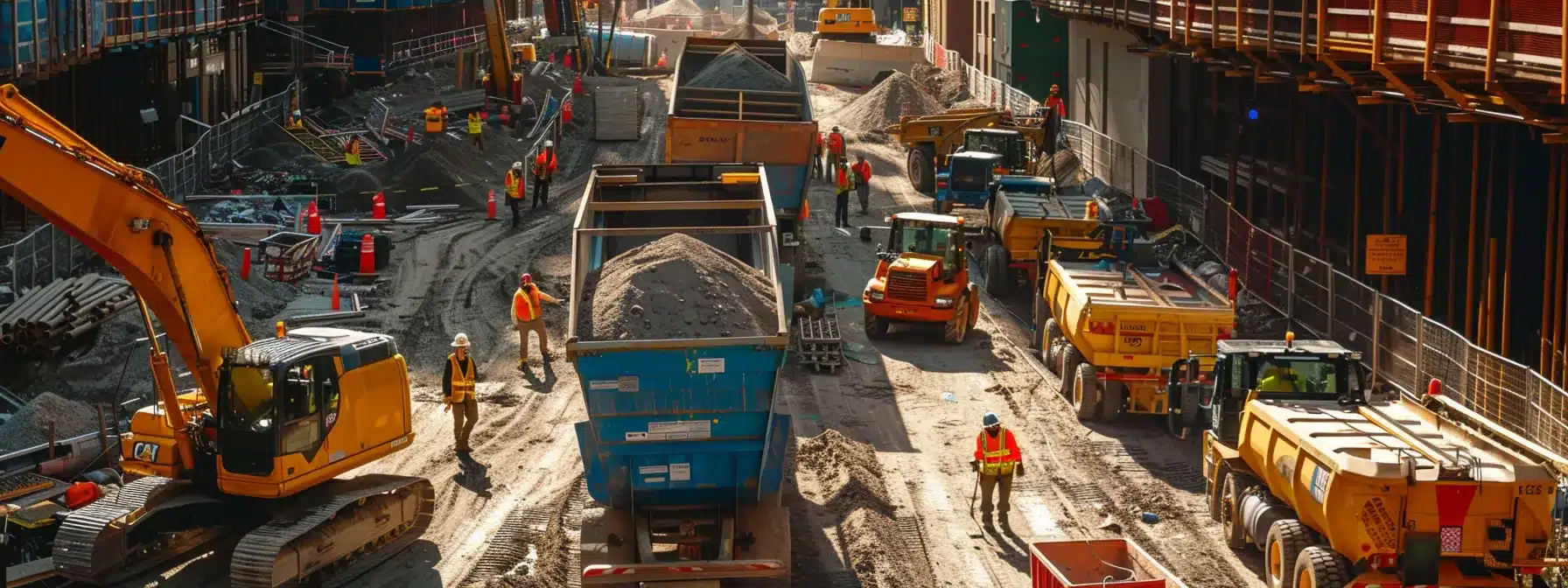 a busy urban construction site features a brightly colored dumpster prominently stationed among workers and machinery, symbolizing efficiency and readiness for large-scale cleanup projects.
