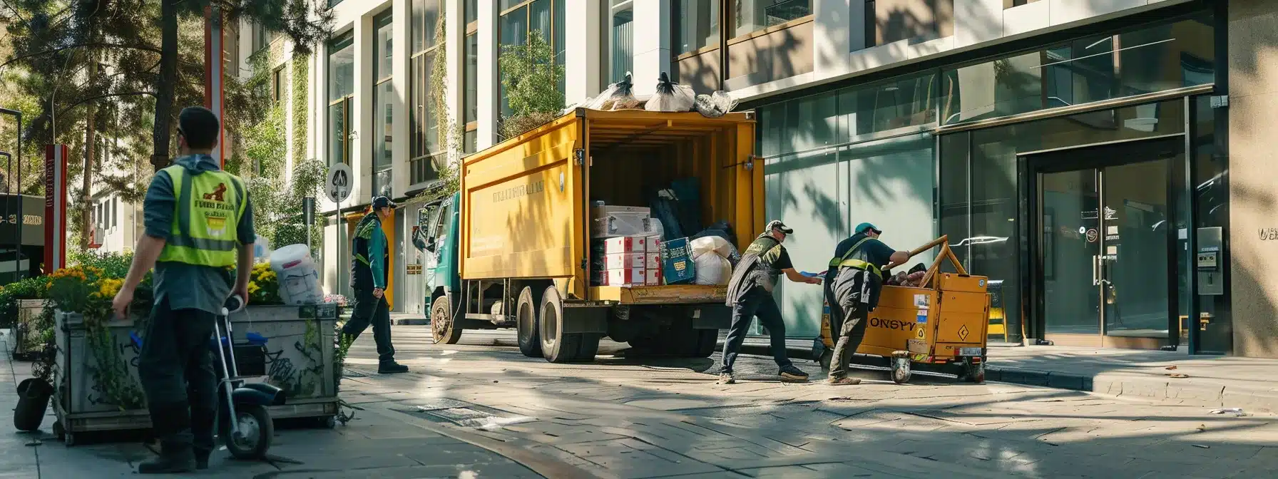 a busy urban junk removal team efficiently loads a truck with neatly organized waste items in front of a modern office building, highlighting their commitment to convenience and environmental responsibility through clear signage promoting recycling and reuse.