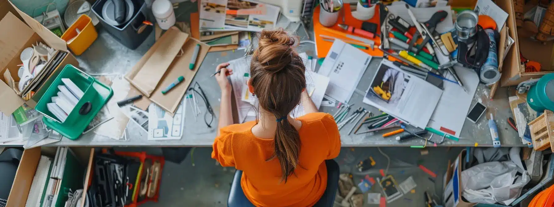 a confident homeowner carefully reviews a selection of cluttered brochures and online reviews at a sleek modern desk, surrounded by tools and waste bins, highlighting the decision-making process for choosing the right junk removal service.
