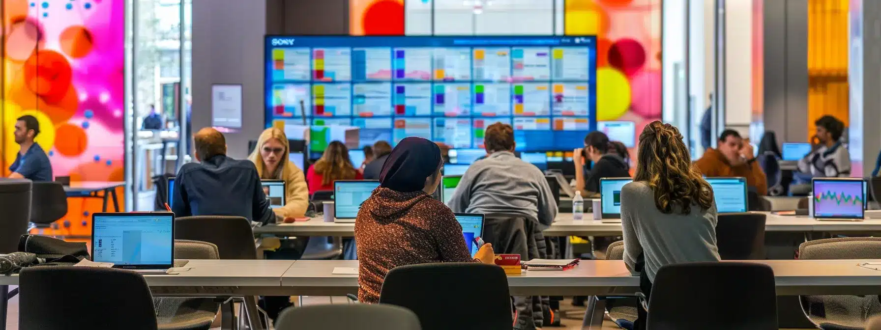 a dynamic office environment bustling with professionals engaged in discussions over clutter management solutions, featuring sleek desks with laptops displaying local service comparisons and vibrant charts reflecting customer reviews and pricing.