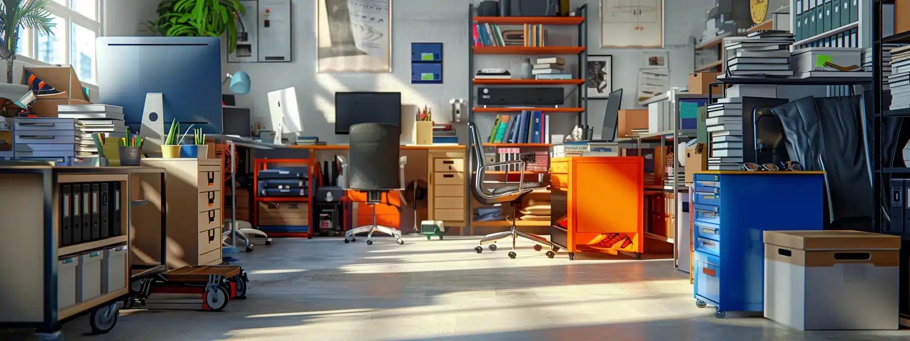 a modern, clutter-free office setting showcases a professional junk removal team efficiently coordinating the pickup of various unwanted items, highlighting the seamless transition from chaos to order under bright, efficient lighting.