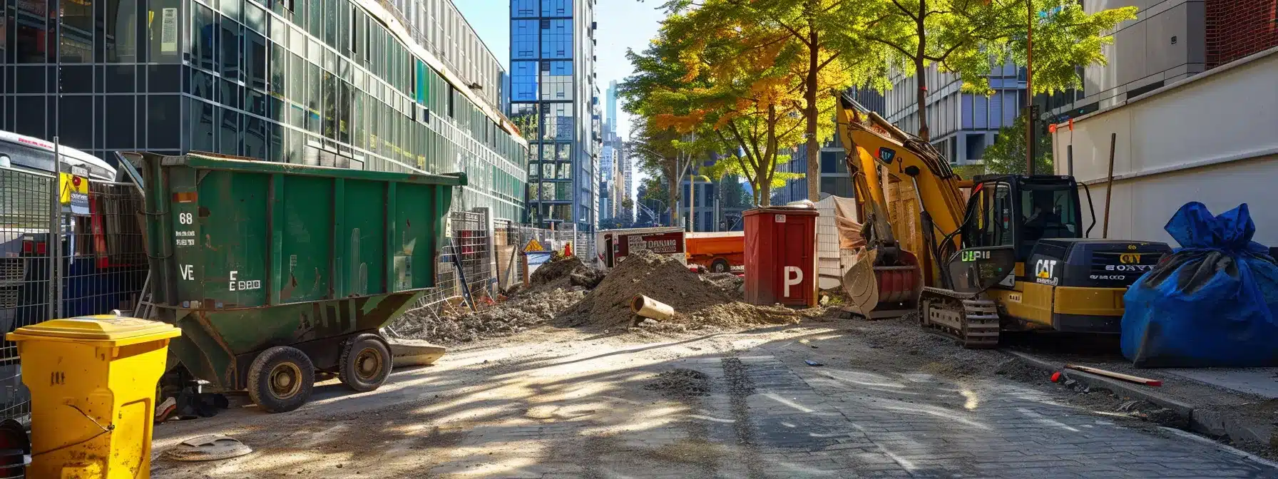 a modern urban construction site showcases a vibrant dumpster prominently positioned amidst tools and building materials, illustrating the efficiency and accessibility of dumpster rental options for large cleanouts and diy projects.