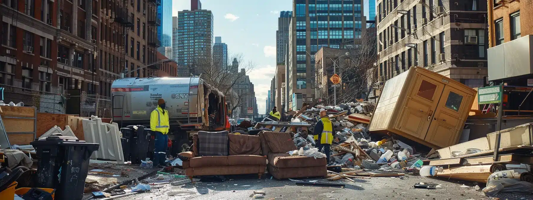 a professional junk removal team efficiently clears a cluttered nyc apartment, showcasing large discarded furniture and electronic waste amidst the urban backdrop of towering skyscrapers and bustling streets.