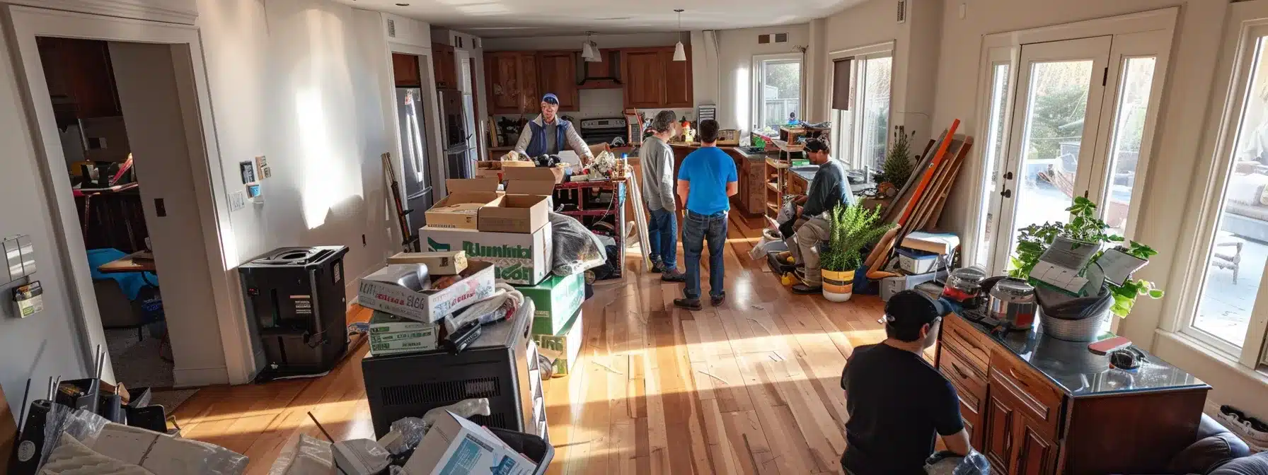 a professional junk removal team efficiently assesses a cluttered residential space, surrounded by neatly organized removal equipment, while engaging with a satisfied homeowner in a brightly lit, modern interior setting.