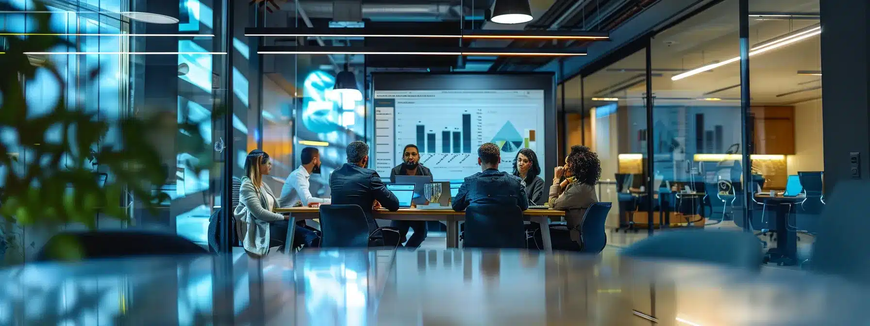 a sleek, modern office space features a conference table where a diverse group of professionals thoughtfully debates the benefits of junk removal versus dumpster rental, surrounded by charts and visual aids illustrating key factors like cost and convenience.