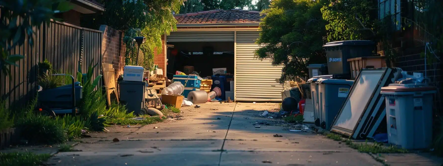 a well-organized urban driveway, featuring clearly marked pathways and neatly arranged items ready for efficient junk removal, with an emphasis on cleanliness and accessibility under bright, artificial lighting.