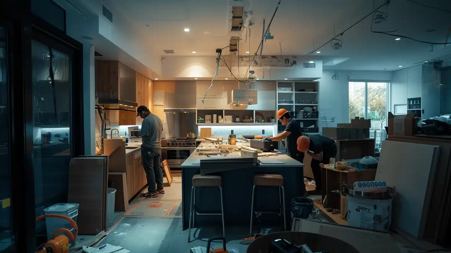 a bustling urban kitchen renovation site showcases professionals swiftly and efficiently dismantling cabinets and countertops, surrounded by organized tools and materials, illuminated by bright artificial lighting that emphasizes a sense of urgency and productivity.
