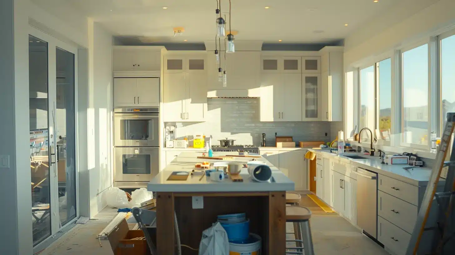 a well-organized modern kitchen renovation workspace showcases a professional contractor assessing safety measures and quality control standards amidst sleek tools and materials, emphasizing the importance of expertise in achieving a safe remodeling process.